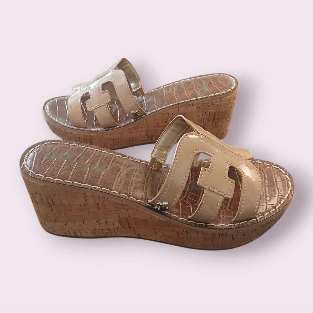 Sam Edelman Cork Wedge Sandals Size 7 - Glossy Beige